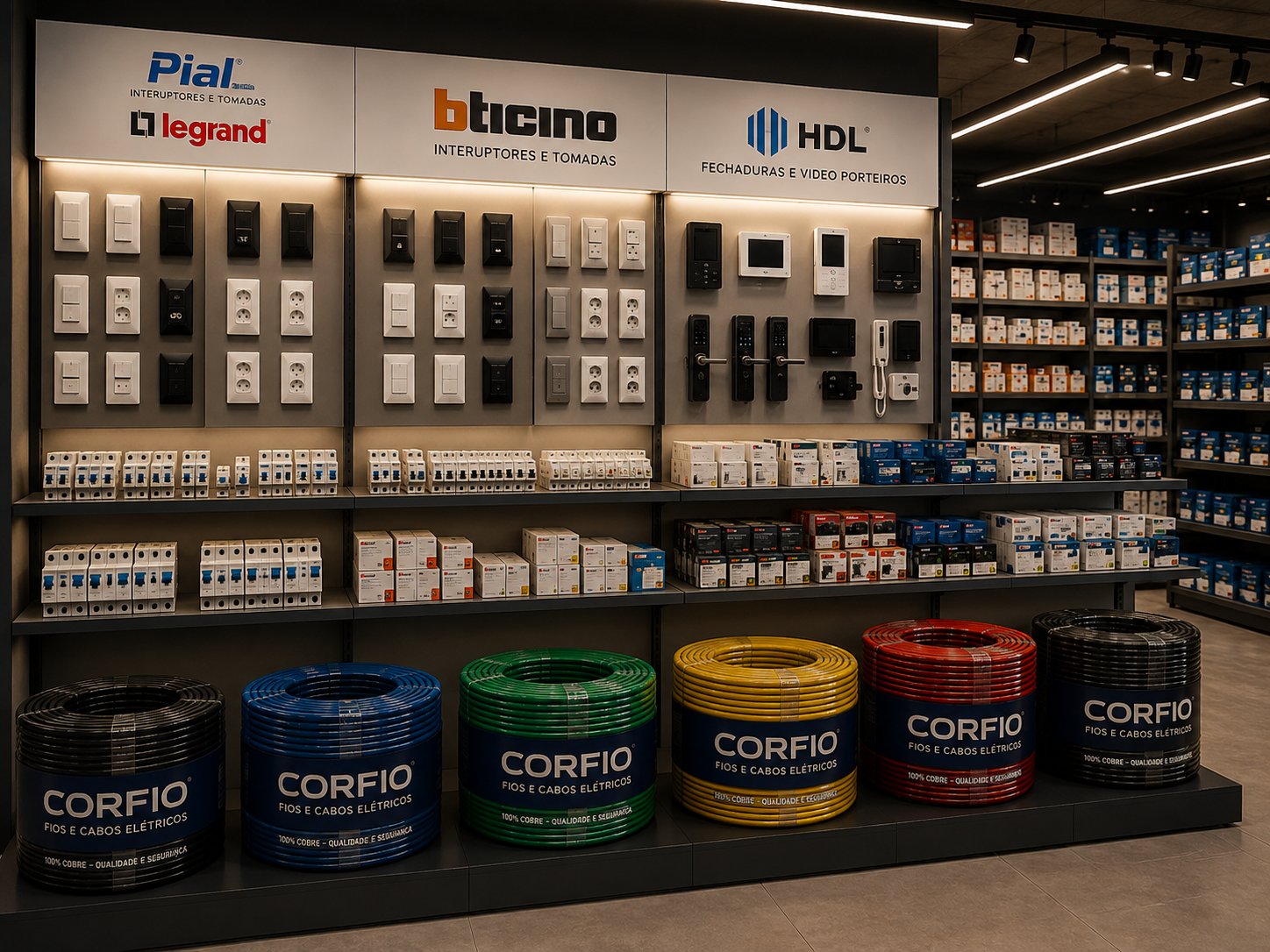 Loja de materiais elétricos com produtos das marcas Pial, Bticino e HDL, e rolos de fios e cabos Corfio