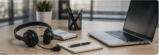 Mesa de atendimento comercial com notebook e headset